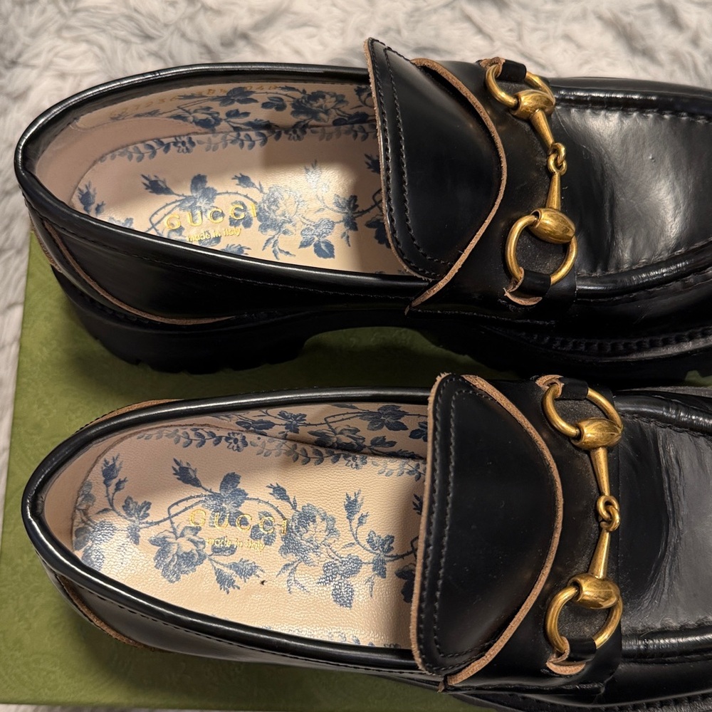 Gucci Black Leather Horsebit Lug Sole Slip-On Loafers - Picture 2 of 7